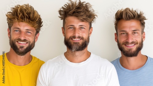 Three men stand side by side, each sporting a modern, tousled hairstyle, indicating a relaxed yet fashionable look, highlighting men's contemporary hairstyling trends.