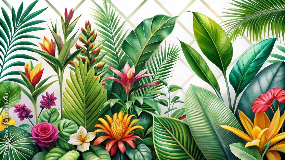Vibrant tropical plants with lush green leaves and colorful flowers set against a clean white background with subtle geometric pattern. Vibrant tropical plants with lush green leaves and colorful flowers set against a clean white background with subtle geometric pattern.
