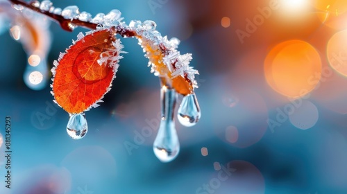 A close-up of a frost-covered leaf with melting ice drops, capturing the delicate balance between freezing and thawing in the crisp winter sunlight.