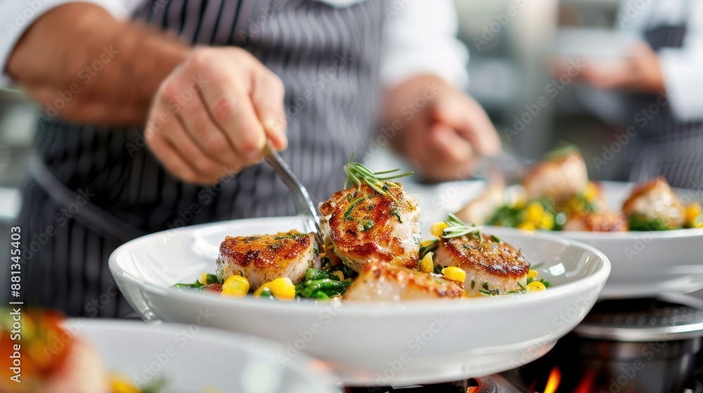 This image shows a chef plating an elegant and beautifully arranged dish in a professional kitchen setting, emphasizing the artistry and precision involved in culinary preparation. This image shows a chef plating an elegant and beautifully arranged dish in a professional kitchen setting, emphasizing the artistry and precision involved in culinary preparation.