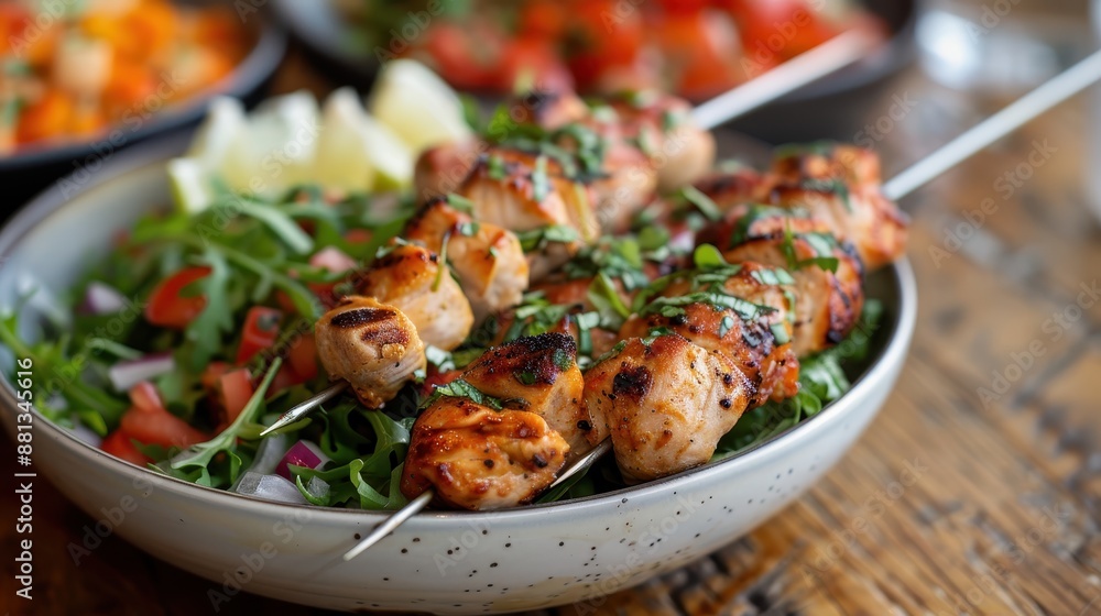 Grilled chicken skewers served over a bed of fresh arugula with tomatoes and other mixed vegetables, showcasing a healthy and vibrant meal option packed with nutrients. Grilled chicken skewers served over a bed of fresh arugula with tomatoes and other mixed vegetables, showcasing a healthy and vibrant meal option packed with nutrients.