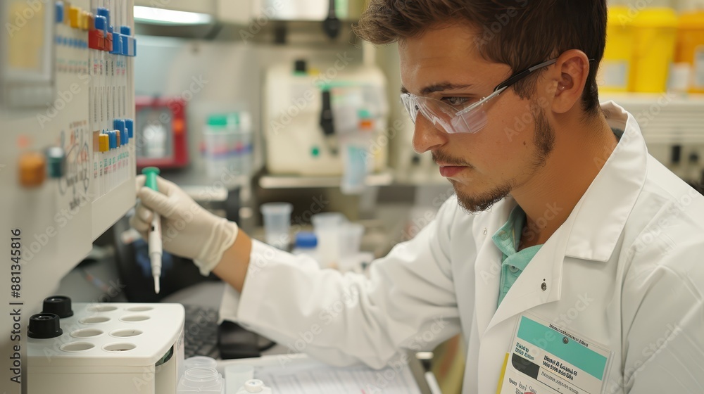Obraz premium A scientist, equipped with a lab coat and gloves, is working in a laboratory setting using various scientific equipment and tools to conduct experiments and analysis.