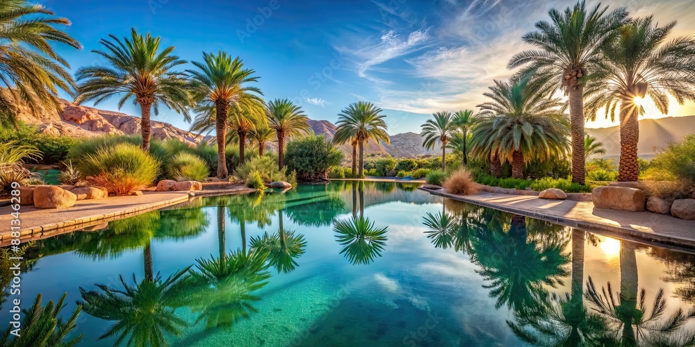Fototapeta premium Serene oasis in the desert with palm trees and a crystal clear blue pool, oasis, desert, serene, tranquil, palm trees, pool