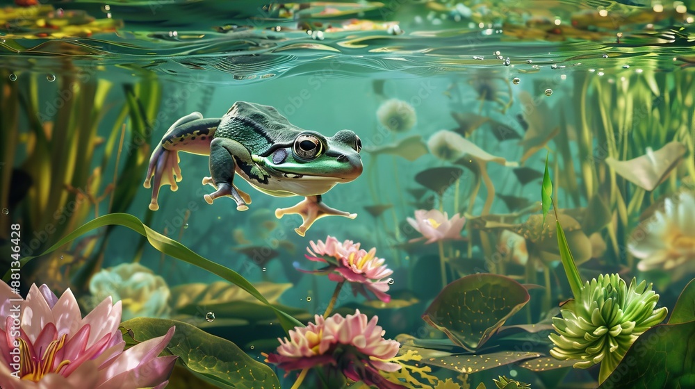Fototapeta premium Baby frog swimming through an underwater jungle of plants and flowers , horizontal Composition, product view, Centered Composition, masterpiece, best quality, highly detailed.