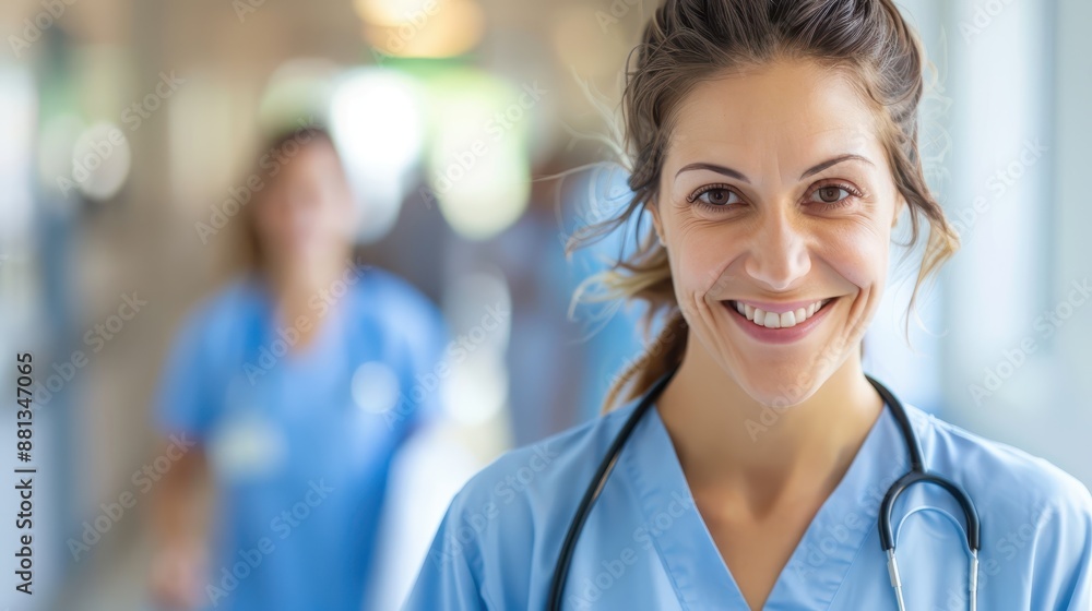 A female doctor smiles confidently in a bright hospital hallway, wearing a stethoscope around her neck and blue scrubs, radiating warmth and competence in her medical environment. A female doctor smiles confidently in a bright hospital hallway, wearing a stethoscope around her neck and blue scrubs, radiating warmth and competence in her medical environment.