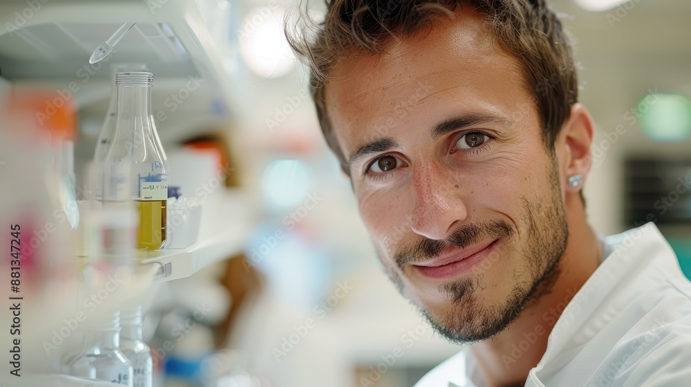 A young scientist with a slight beard smiles warmly in a bright and well-organized laboratory, wearing a lab coat and showing dedication to his scientific research. A young scientist with a slight beard smiles warmly in a bright and well-organized laboratory, wearing a lab coat and showing dedication to his scientific research.