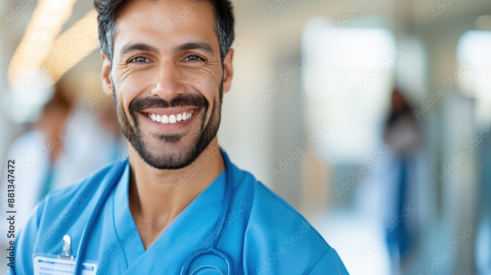 A cheerful male doctor in blue scrubs and a stethoscope, smiling warmly at the camera, representing professionalism, health, and care in a medical environment. A cheerful male doctor in blue scrubs and a stethoscope, smiling warmly at the camera, representing professionalism, health, and care in a medical environment.