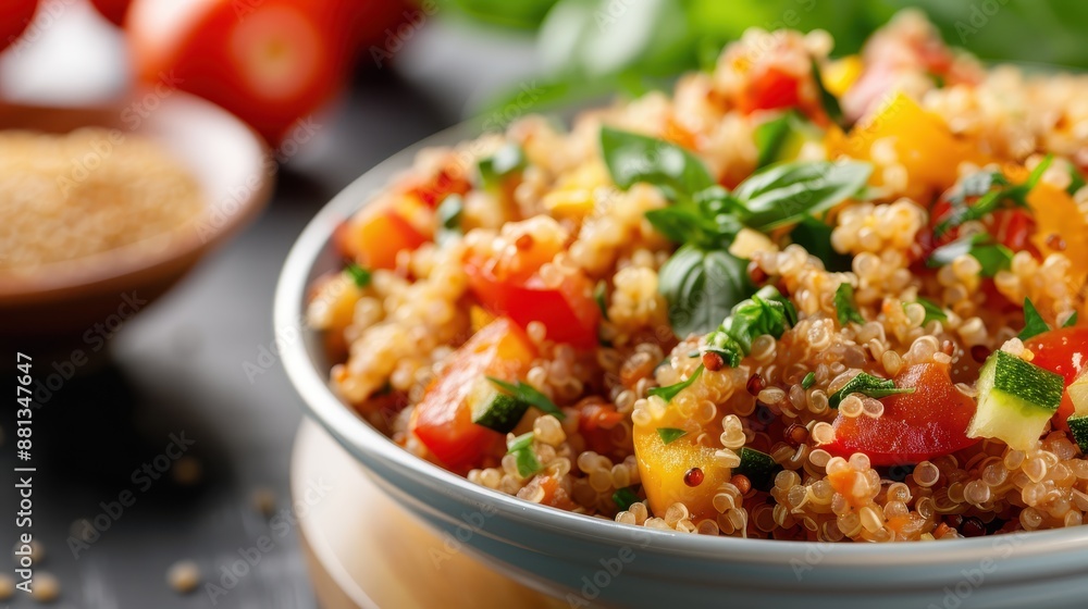 A vibrant bowl of quinoa mixed with colorful veggies such as tomatoes and peppers, representing a healthy, nutritious, and delicious meal option for those seeking balance in their diet. A vibrant bowl of quinoa mixed with colorful veggies such as tomatoes and peppers, representing a healthy, nutritious, and delicious meal option for those seeking balance in their diet.