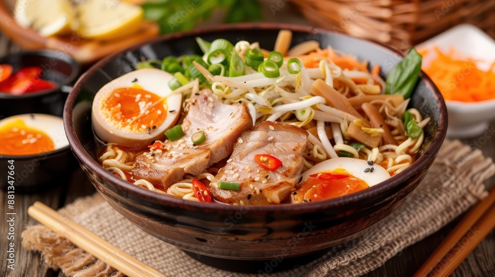A rich and flavorful bowl of ramen noodles served with an array of toppings including soft-boiled eggs, tender slices of pork, bean sprouts, and fresh green onions for an appetizing dish. A rich and flavorful bowl of ramen noodles served with an array of toppings including soft-boiled eggs, tender slices of pork, bean sprouts, and fresh green onions for an appetizing dish.