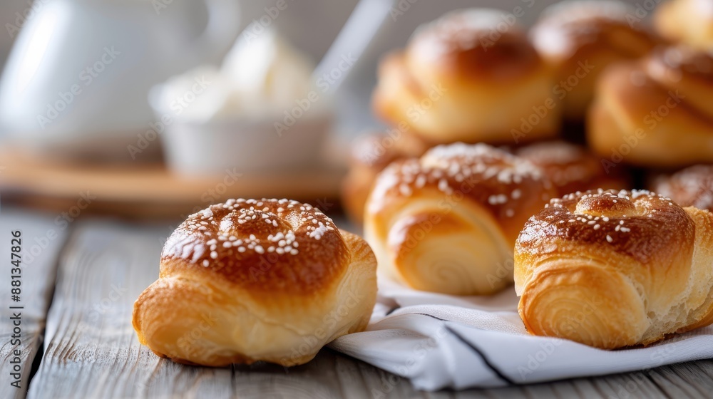 This image captures golden-brown pastry rolls topped with sugar crystals, illustrating a delectable baked treat that's perfect for any sweet tooth, served elegantly on a wooden surface. This image captures golden-brown pastry rolls topped with sugar crystals, illustrating a delectable baked treat that's perfect for any sweet tooth, served elegantly on a wooden surface.