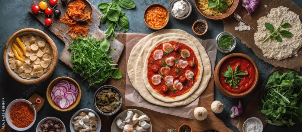 Pizza Toppings and Ingredients on a Blue Background Pizza Toppings and Ingredients on a Blue Background