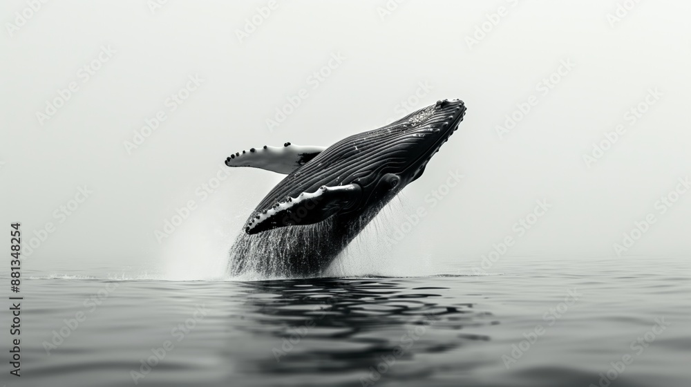 Fototapeta premium Graceful Humpback Whale Leaping from the Ocean Depths in Black and White