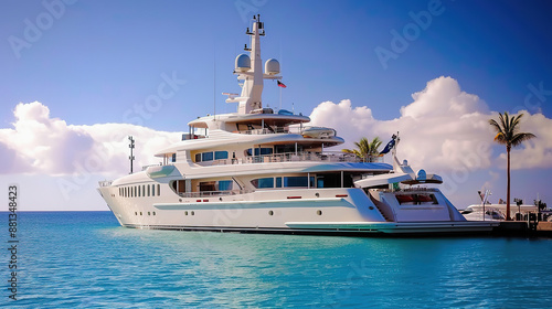 Luxurious Mega Yacht Anchored in Tropical Paradise for World Round Trip