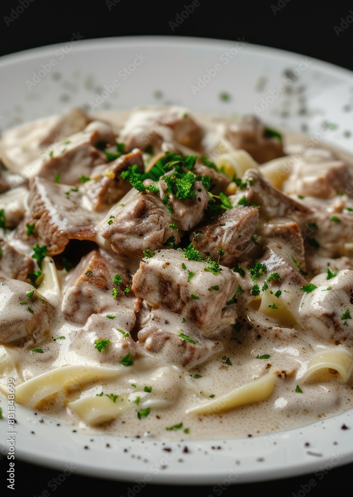 Beef stroganoff dish with gravy and pasta on white plate close-up image Beef stroganoff dish with gravy and pasta on white plate close-up image