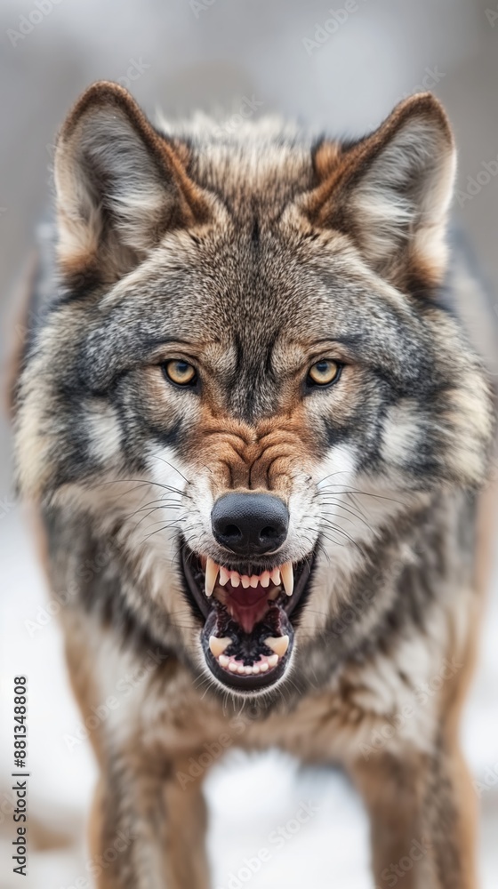 Fototapeta premium Close up of a wild gray wolf snarling with sharp teeth and yellow eyes, isolated on white background