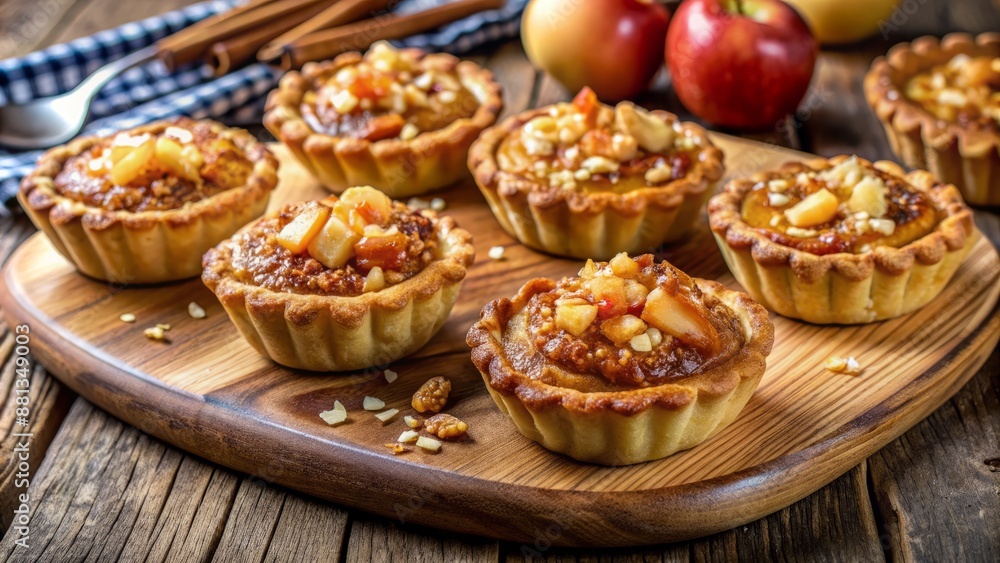 Golden crispy pastry shells overflowing with juicy caramelized apples and topped with crunchy oat crumbles on rustic wooden platter. Golden crispy pastry shells overflowing with juicy caramelized apples and topped with crunchy oat crumbles on rustic wooden platter.