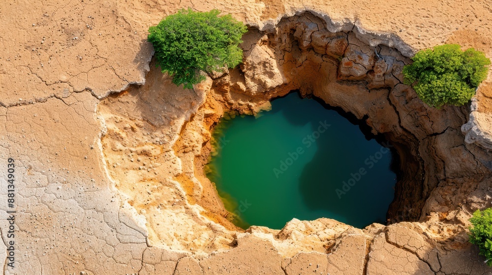 Fototapeta premium Aerial view of a large sinkhole filled with green water, surrounded by cracked earth and small patches of greenery, representing a stark contrast in desert environment.