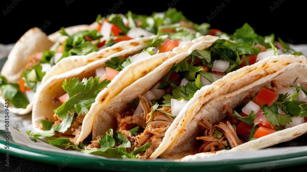 A set of tacos generously garnished with fresh cilantro, diced onions, and tomatoes, served in soft tortillas, promising an exquisite culinary experience. A set of tacos generously garnished with fresh cilantro, diced onions, and tomatoes, served in soft tortillas, promising an exquisite culinary experience.