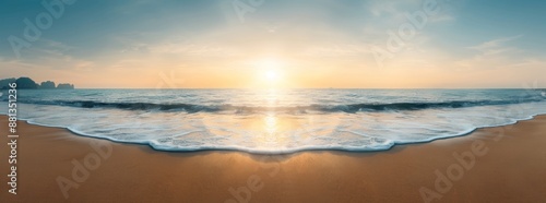 Cinematic view of a serene beach at sunset, showcasing Thailand's natural beauty, copy space, natural lighting