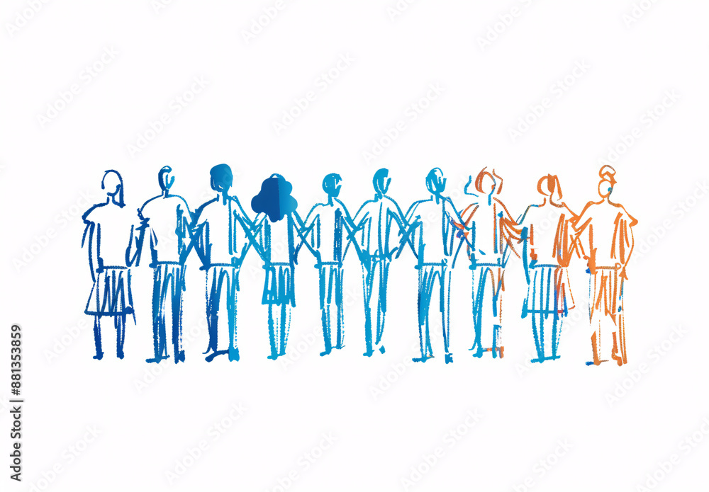Group of ten people standing in lines with arms around, white background, blue and orange ink Group of ten people standing in lines with arms around, white background, blue and orange ink