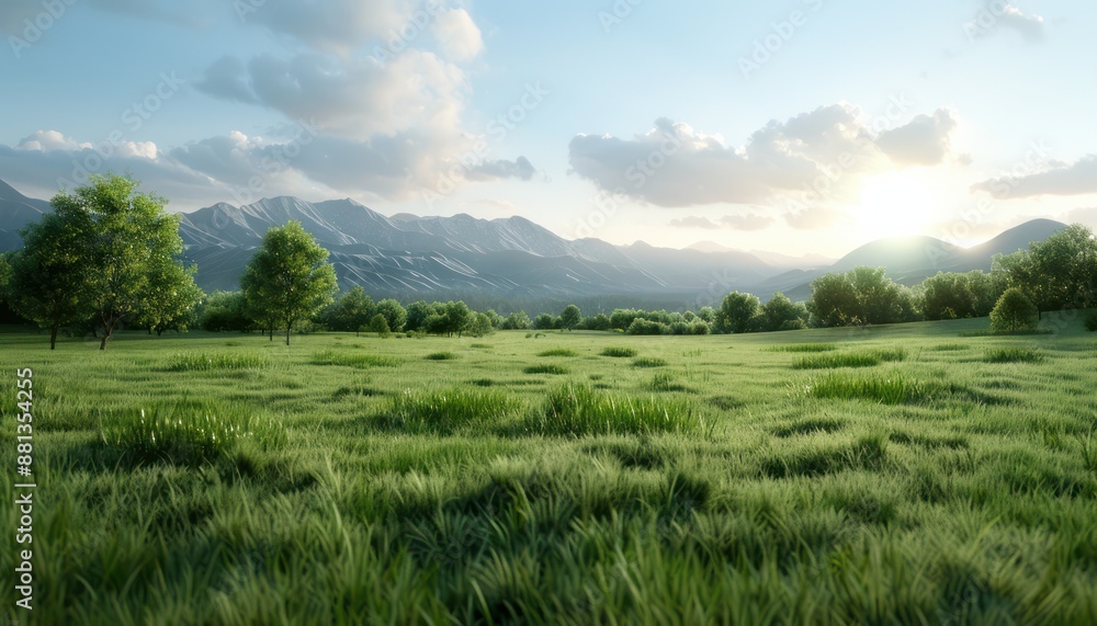 Fototapeta premium Stunning Panoramic View of Serene Countryside with Majestic Mountains and Lush Green Fields, A Breathtaking Rural Landscape