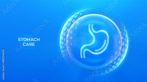 Stomach care and protection. Healthy stomach medical concept. Human stomach anatomy organ icon inside protection sphere shield with hexagon pattern on blue background. Vector illustration.