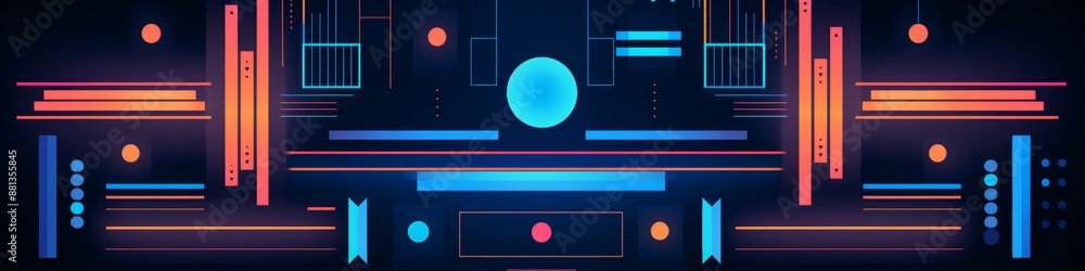 Fototapeta premium Abstract geometric shapes and patterns in bright neon colors are arranged on a black background