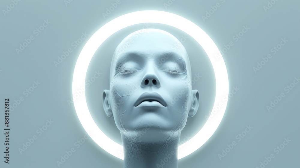 Abstract futuristic depiction of a serene human face with a glowing halo, conveying a sense of peace, spirituality, and technology fusion. Abstract futuristic depiction of a serene human face with a glowing halo, conveying a sense of peace, spirituality, and technology fusion.
