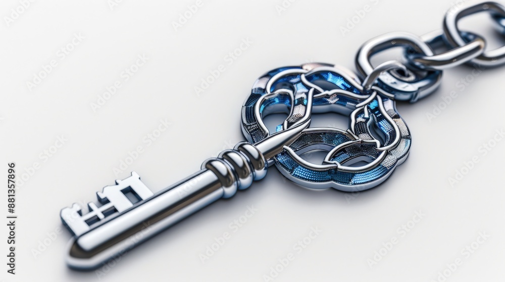 Close-up of a silver key with an ornate design on a chain, symbolizing security, access, and uniqueness in a minimalist style. Close-up of a silver key with an ornate design on a chain, symbolizing security, access, and uniqueness in a minimalist style.