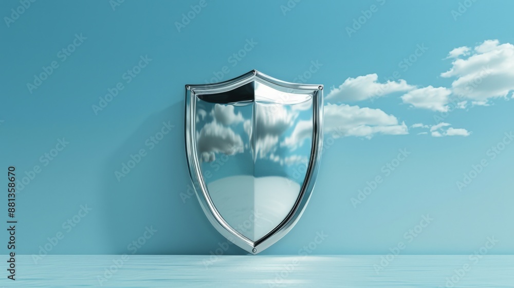 Reflection of blue sky and clouds on a shiny silver shield symbolizing protection and security isolated on a bright background.