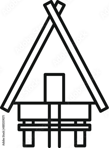 Simple line art icon of a wooden hut standing on stilts over water