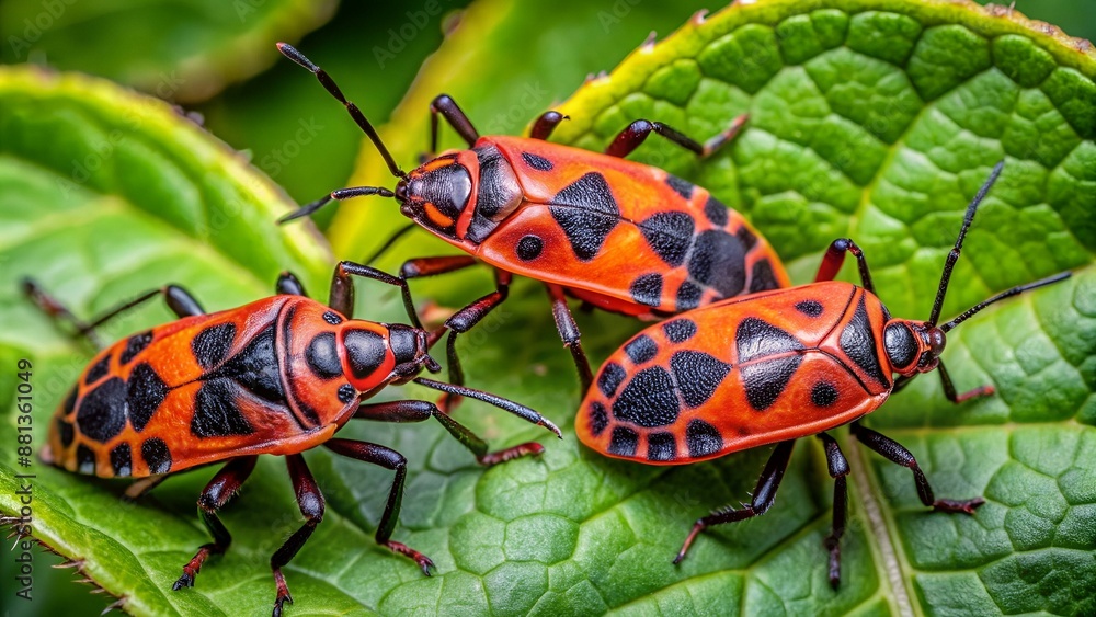Closeup shot of three firebugs (Pyrrhocoris apterus) on the green leaves of a plant Closeup shot of three firebugs (Pyrrhocoris apterus) on the green leaves of a plant