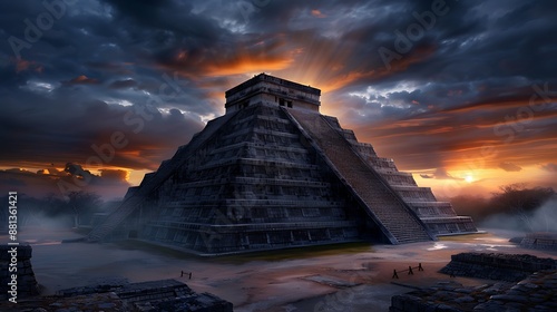 A serene sunrise at the ancient city of Chichen Itza, El Castillo pyramid, detailed carvings, high-resolution digital art, low-angle view, warm tones, realistic style