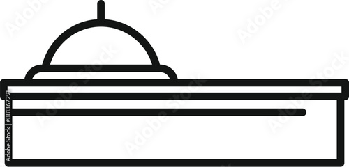 Line drawing of a reception desk with a bell on top, suggesting a hotel check in area