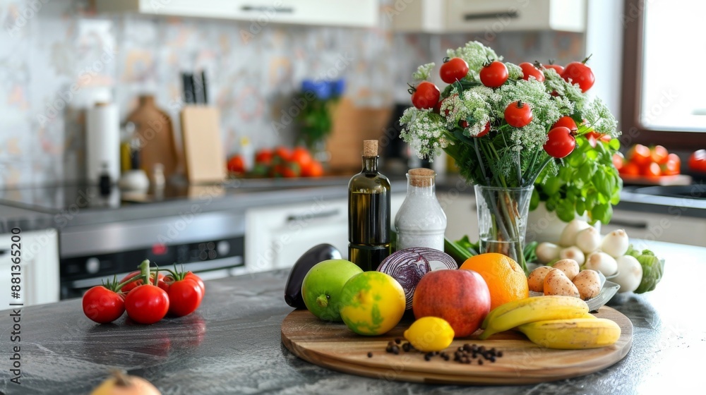 Fresh Fruit and Vegetables in Kitchen. Fresh Fruit and Vegetables in Kitchen.