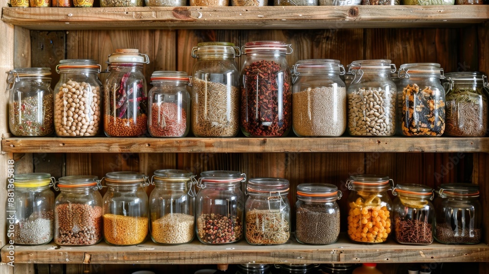 Glass jars filled with spices on wooden shelves. Glass jars filled with spices on wooden shelves.
