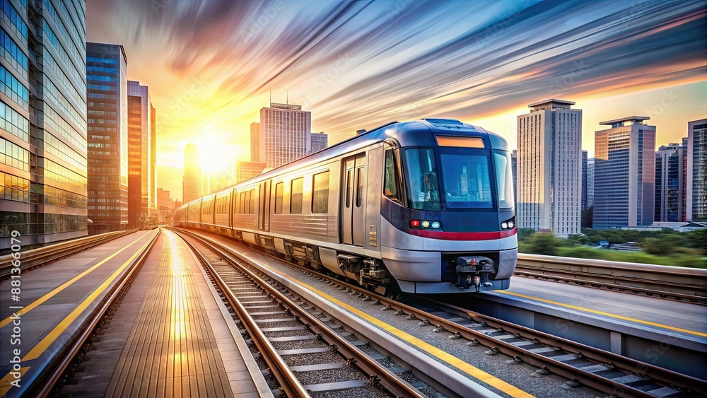 Naklejka premium Urban commuter train in motion, urban, train, transportation, city, speed, motion, travel, public, electric, railway