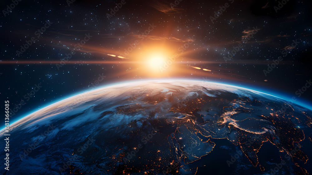 Earth seen from space with the sun rising above Earth seen from space with the sun rising above