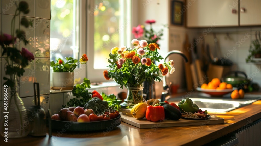 Kitchen Counter with Fresh Produce and Flowers. Kitchen Counter with Fresh Produce and Flowers.