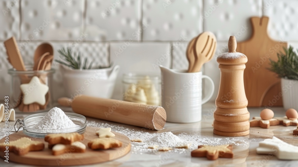 Baking Christmas Cookies with Flour and Rolling Pin. Baking Christmas Cookies with Flour and Rolling Pin.