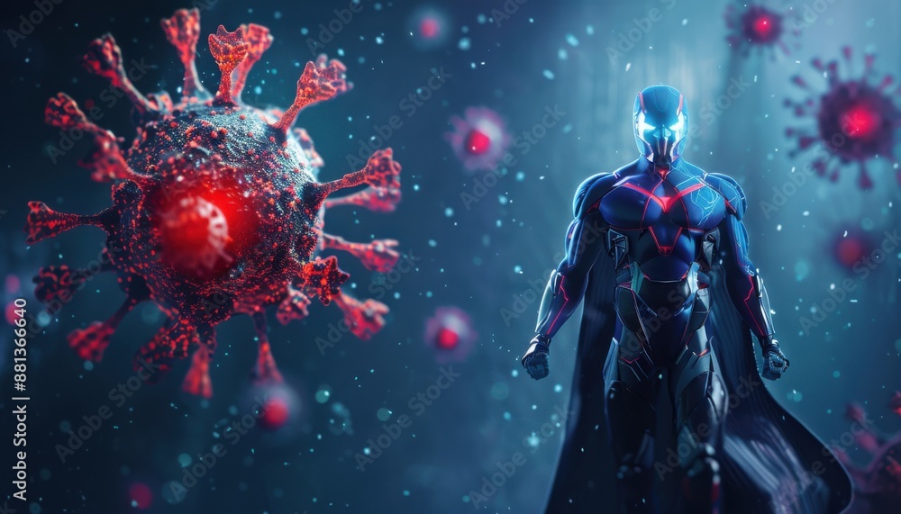 Futuristic Hero Stands Against Virus Futuristic Hero Stands Against Virus