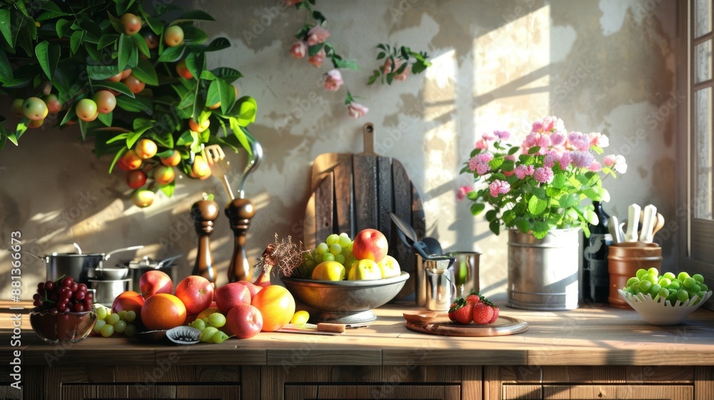 Fresh Fruit on a Rustic Kitchen Counter. Fresh Fruit on a Rustic Kitchen Counter.