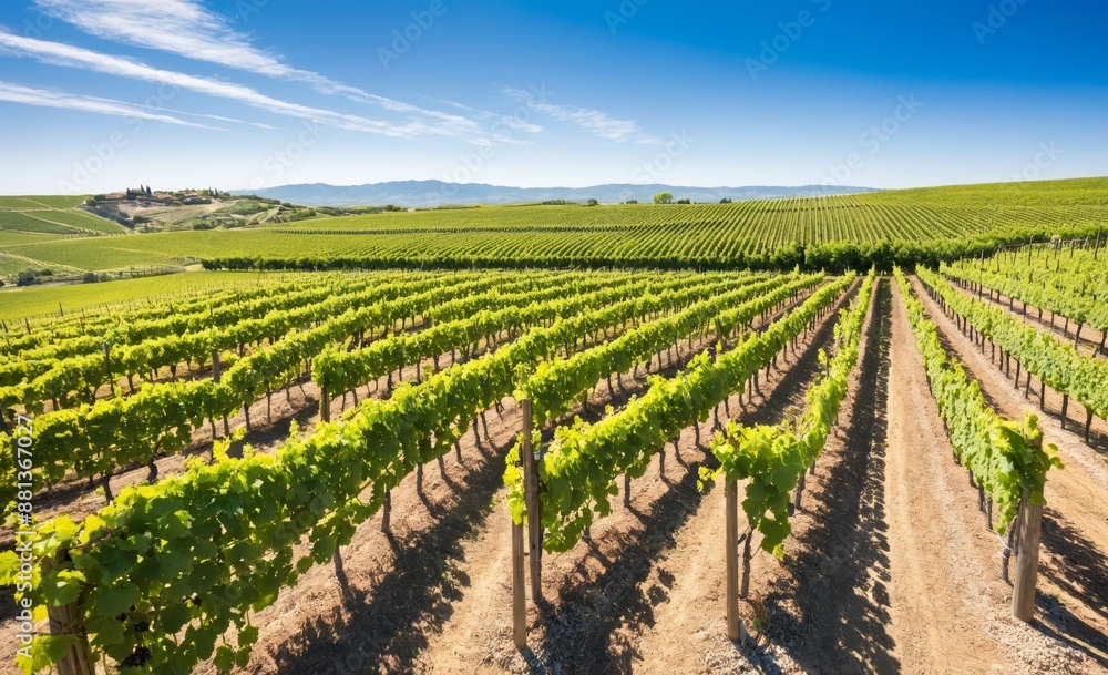 Vast Vineyard Rows Under Clear Blue Sky Vast Vineyard Rows Under Clear Blue Sky