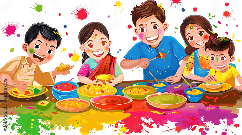 Indian Family on the lunch table after playing Holi. illustration. Indian Family on the lunch table after playing Holi. illustration.