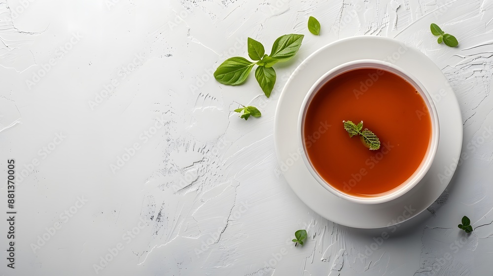 Tomato Soup with Fresh Basil on White Textured Background, Minimalist Culinary Concept with Copy Space Tomato Soup with Fresh Basil on White Textured Background, Minimalist Culinary Concept with Copy Space