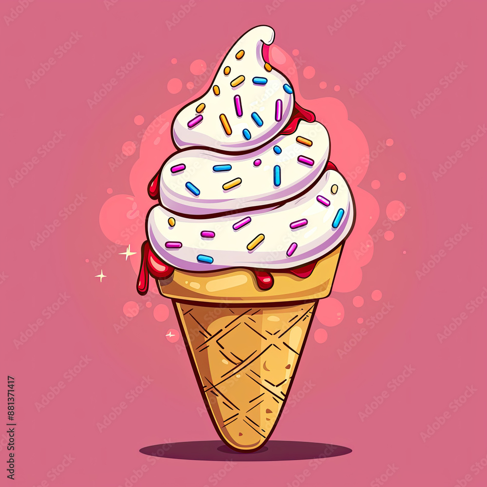 Melting ice cream balls in the waffle cone with Strawberry sauce , sprinkles ice cream toppings isolated on pink background. Vector flat outline icon. Comic character in cartoon style illustration Melting ice cream balls in the waffle cone with Strawberry sauce , sprinkles ice cream toppings isolated on pink background. Vector flat outline icon. Comic character in cartoon style illustration