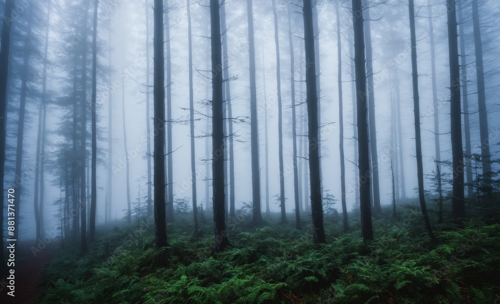 Fototapeta premium Mystical Forest Shrouded in Dense Fog