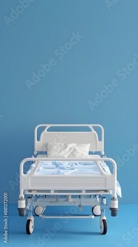 Front view of hospital bed isolated on blue background