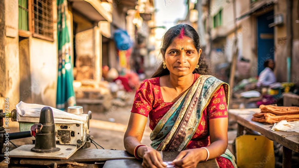 Portrait in B&W of an Indian woman wearing traditional clothes while working in an urban setting in India. Portrait in B&W of an Indian woman wearing traditional clothes while working in an urban setting in India.