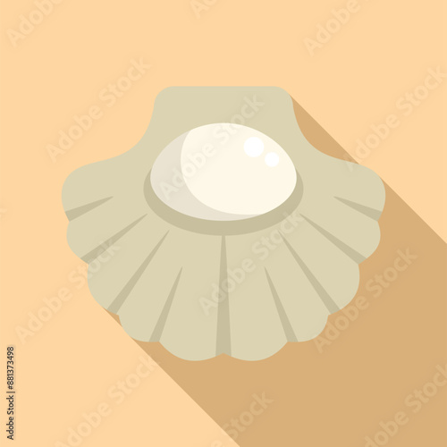 Large, white pearl growing inside an open shellfish on a beige background